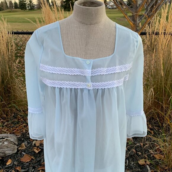 Vintage Sheer Chiffon Peignoir Robe Handmade Pastel Blue Dressing Gown - Picture 2 of 13